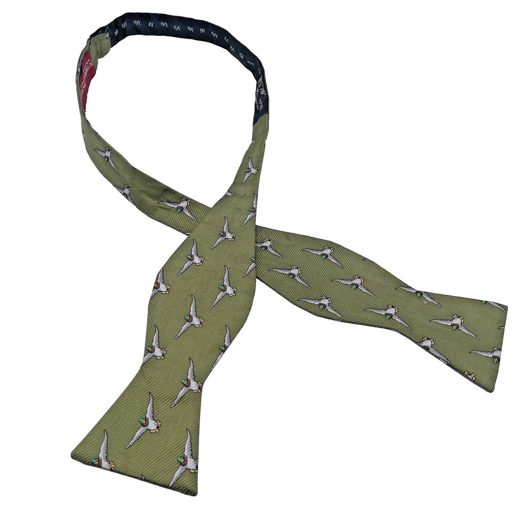 Southern Proper All Silk Bow Tie Olive Green Flying Ducks Adjustable Preppy